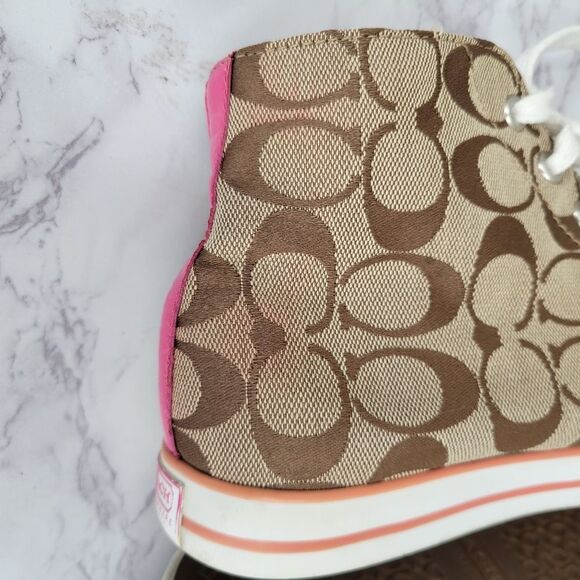 Coach Women's High Top Sneakers Brown Logo Canvas and Pink Embroidery - Picture 11 of 16